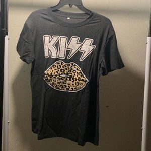 Mansy Women's Black Kiss Lips Leopard Print Short Sleeve T-shirt Medium NIP